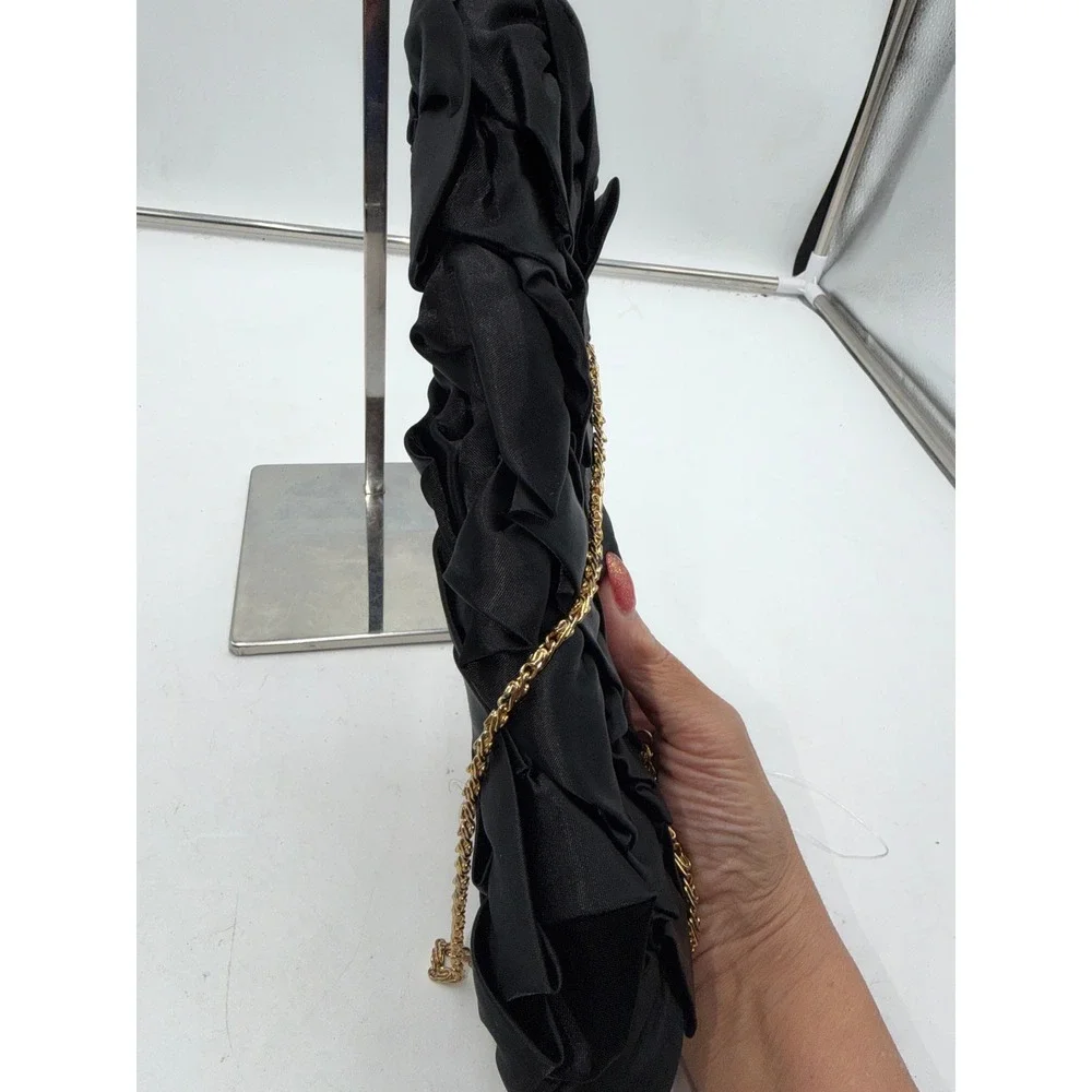 Lord & Taylor Black Satin Ruffle Evening Clutch Rhinestone Clasp Gold Chain Bag
